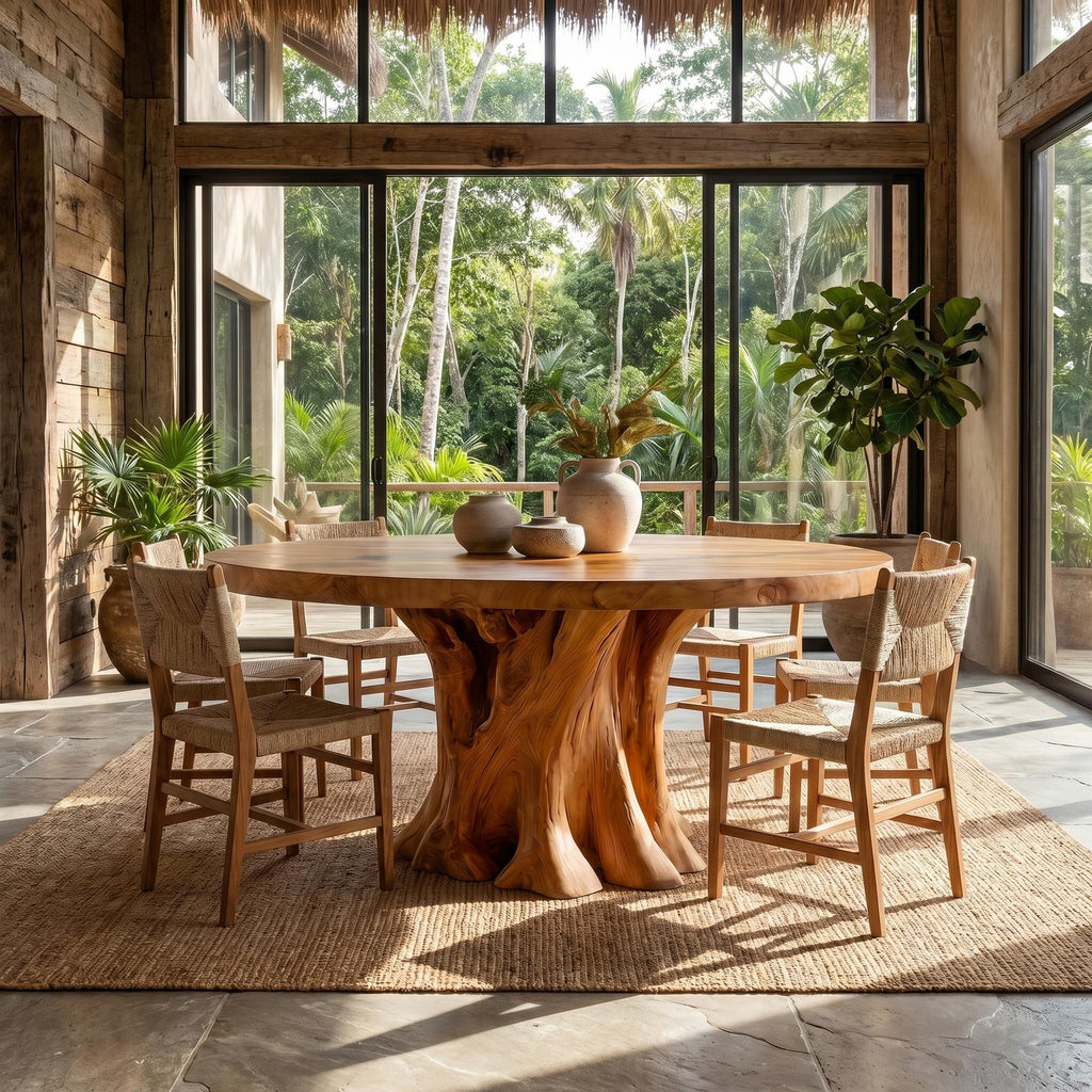 Rustic Round Dining Table With Solid Wood Sculptural Base For Dining Room