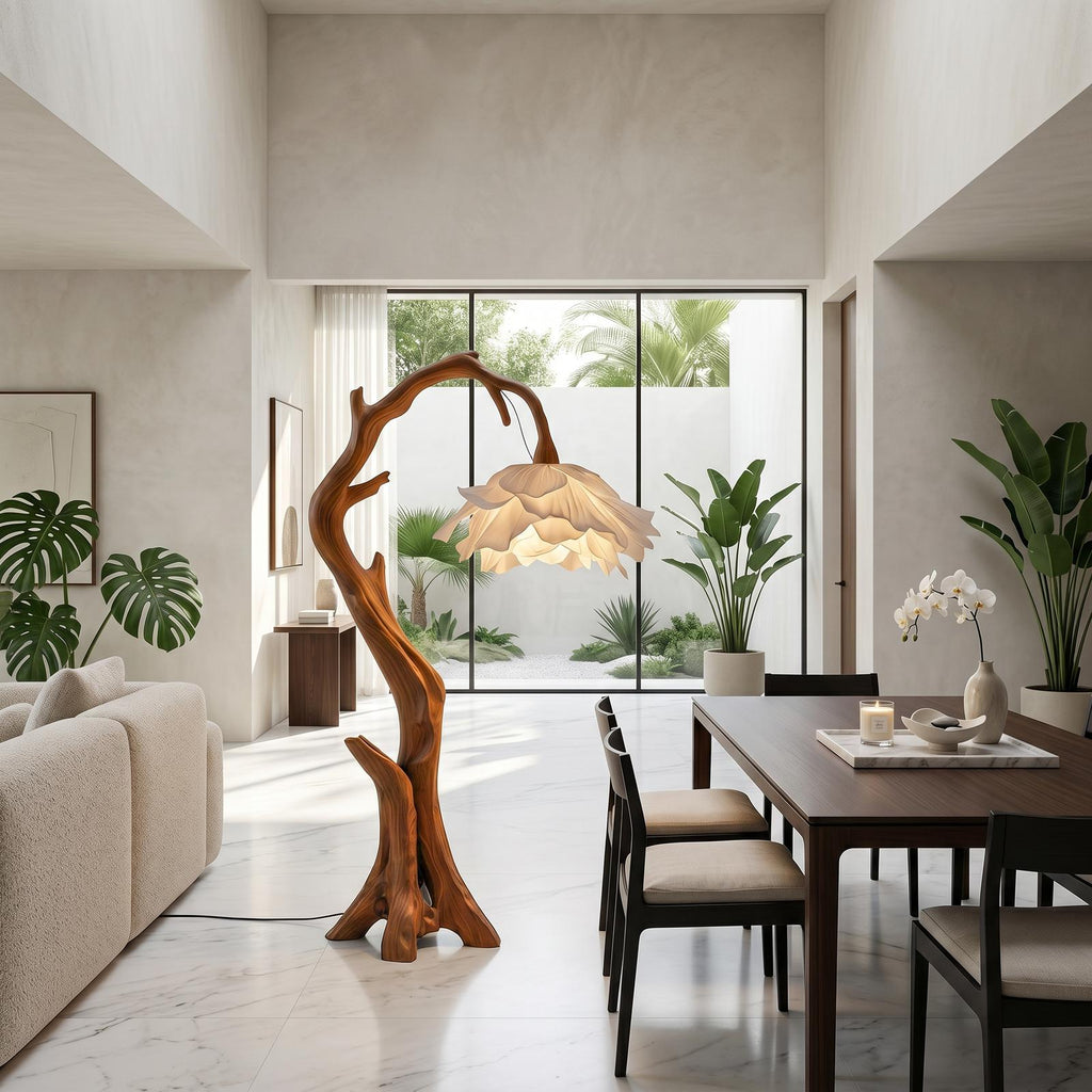 Nature Inspired Flower Floor Lamp with Solid Wood Base, Floral Shade Standing Light for Living Room, Model