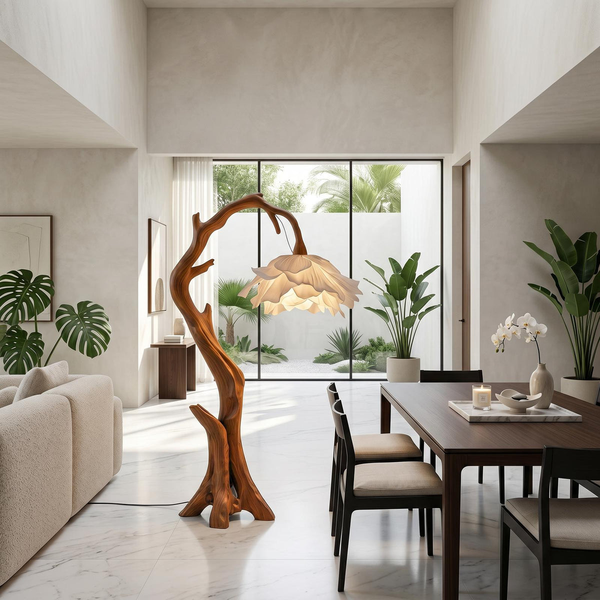Nature Inspired Flower Floor Lamp with Solid Wood Base, Floral Shade Standing Light for Living Room, Model