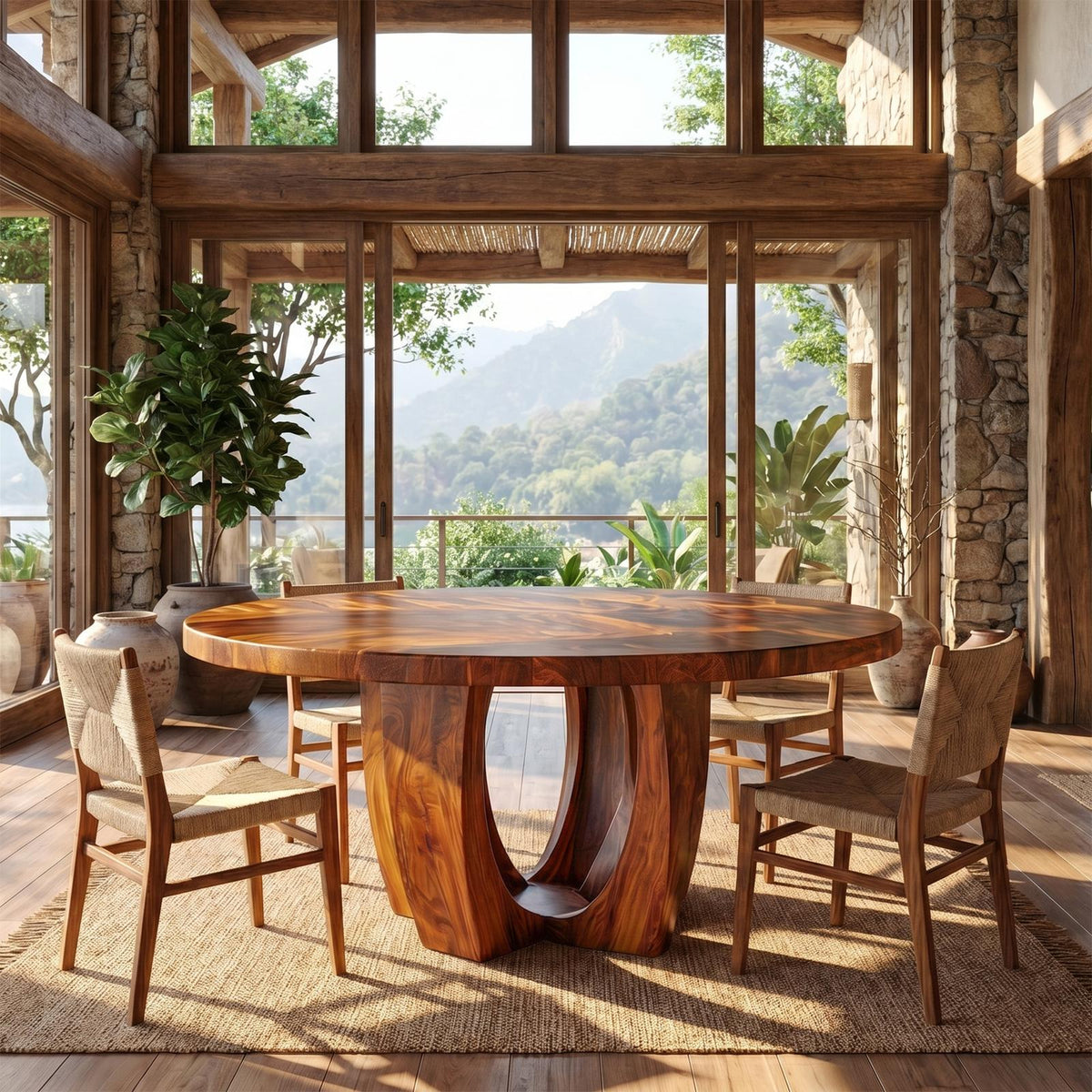 Modern Round Dining Table with Sculptural Wood Base, Handcrafted Solid Wood Kitchen Dining Room Table