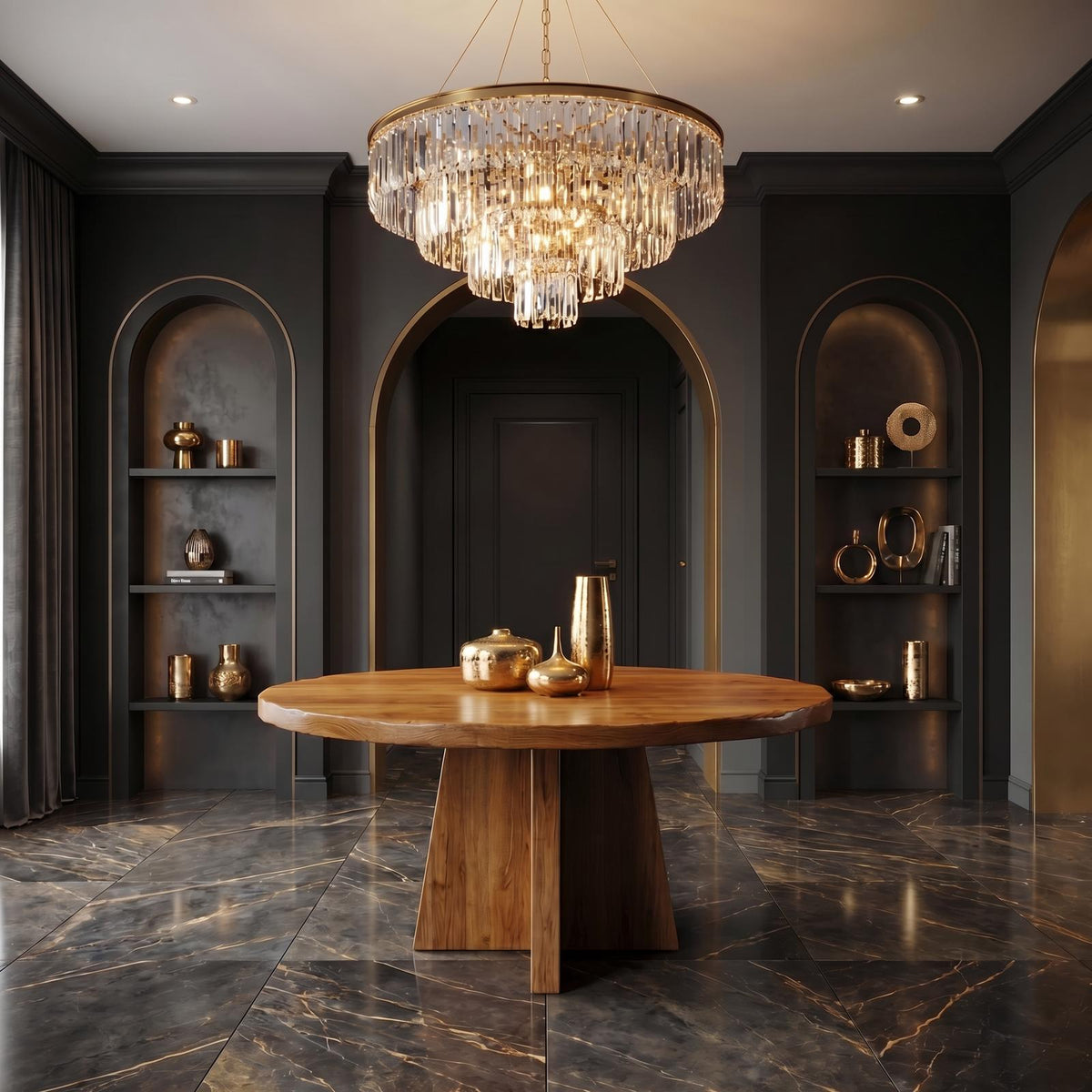 Modern Luxury Round Pedestal Table, Solid Wood Foyer Table, Architectural Entryway Accent Table for Lobby