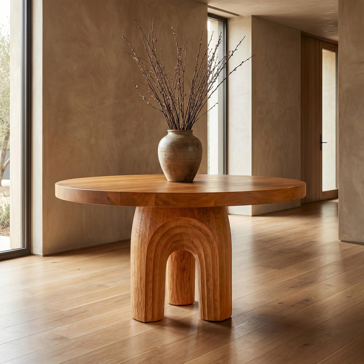 Modern Luxury Sculptural Round Foyer Table, Solid Wood Art Deco Pedestal Entry Table for Lobby, Hallway