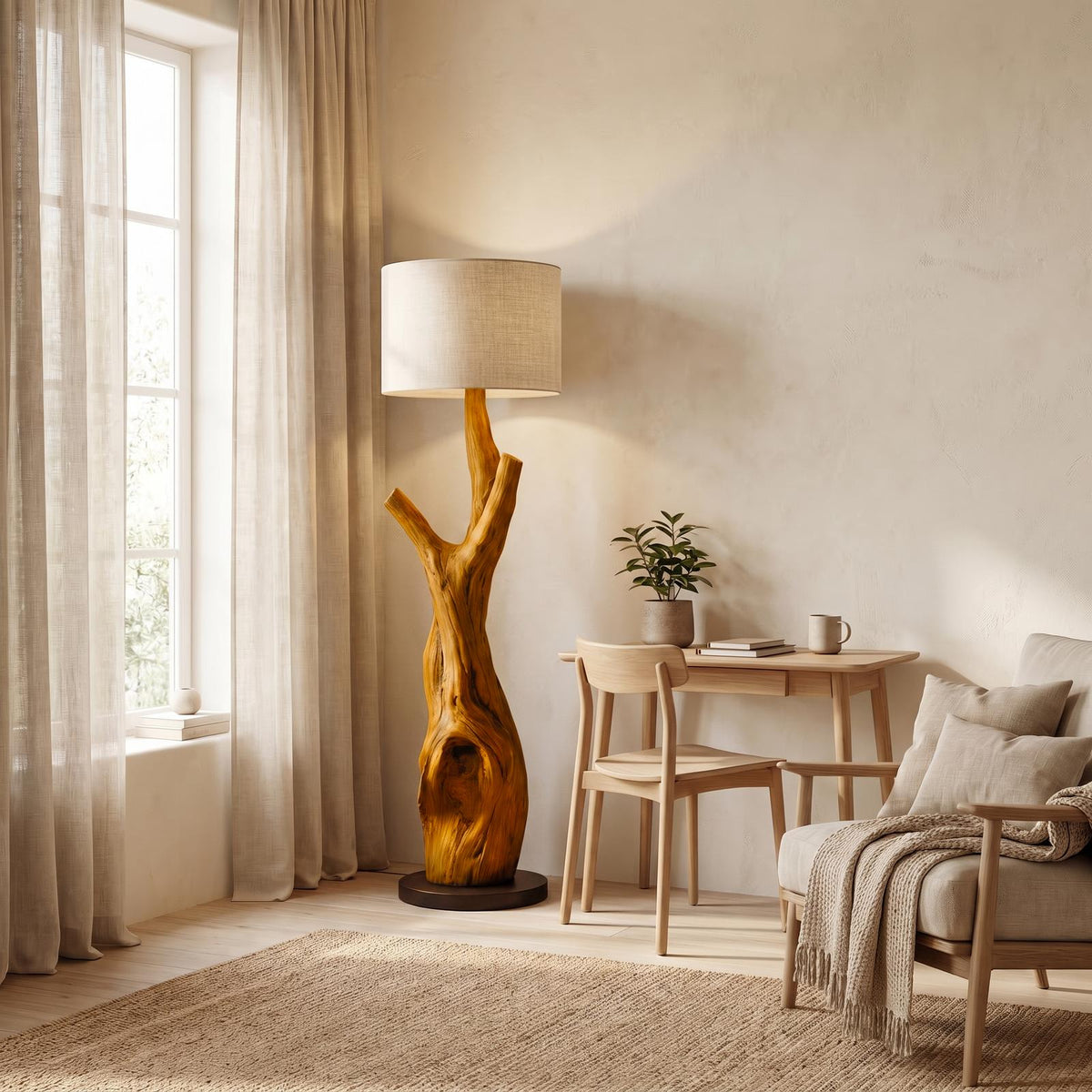 Modern Tree Branch Wooden Standing Lamp For Living Room And Corner