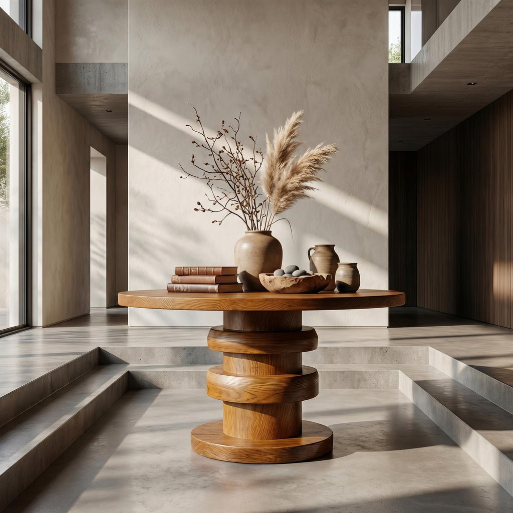 Modern Luxury Architectural Round Foyer Table, Solid Wood Sculptural Pedestal Entry Table for Lobby