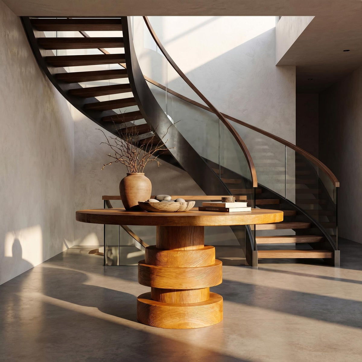 Modern Luxury Stacked Base Round Entryway Table, Solid Wood Architectural Foyer Pedestal Accent Table