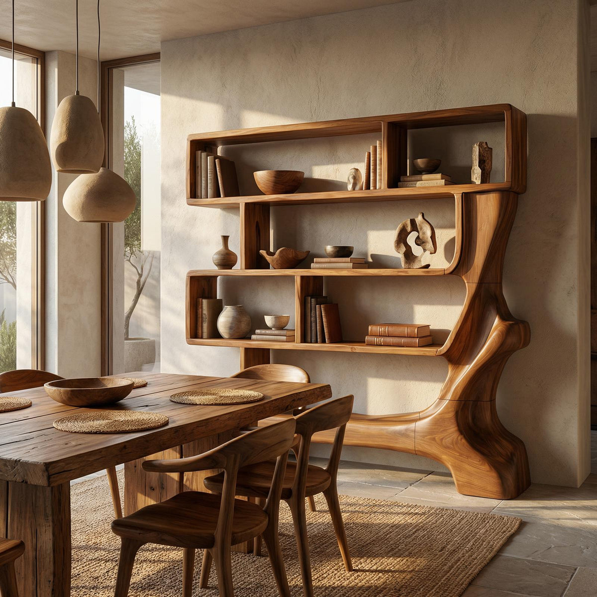 Organic Sculptural Bookshelf, Solid Wood Curved Tree Branch Bookcase, Decorative Display Shelf for Office