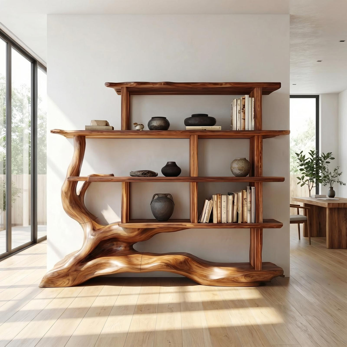 Unique Designer Bookshelf, Solid Wood Sculptural Multi-Tier Bookcase & Display Shelf for Living Room, Office
