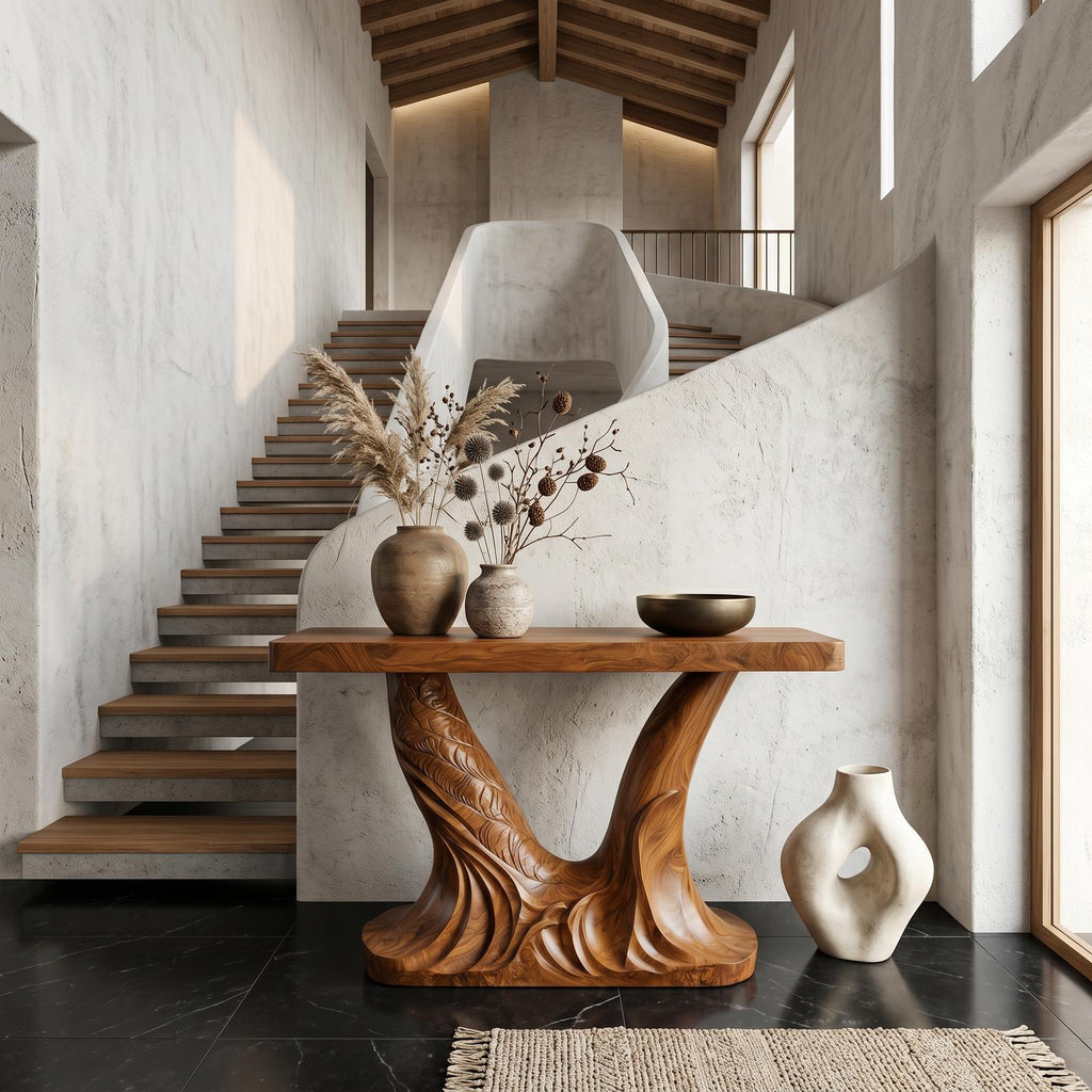 Organic Console Table, Sculptural Double Pedestal Base Solid Wood Entryway Sofa Table for Hallway & Foyer