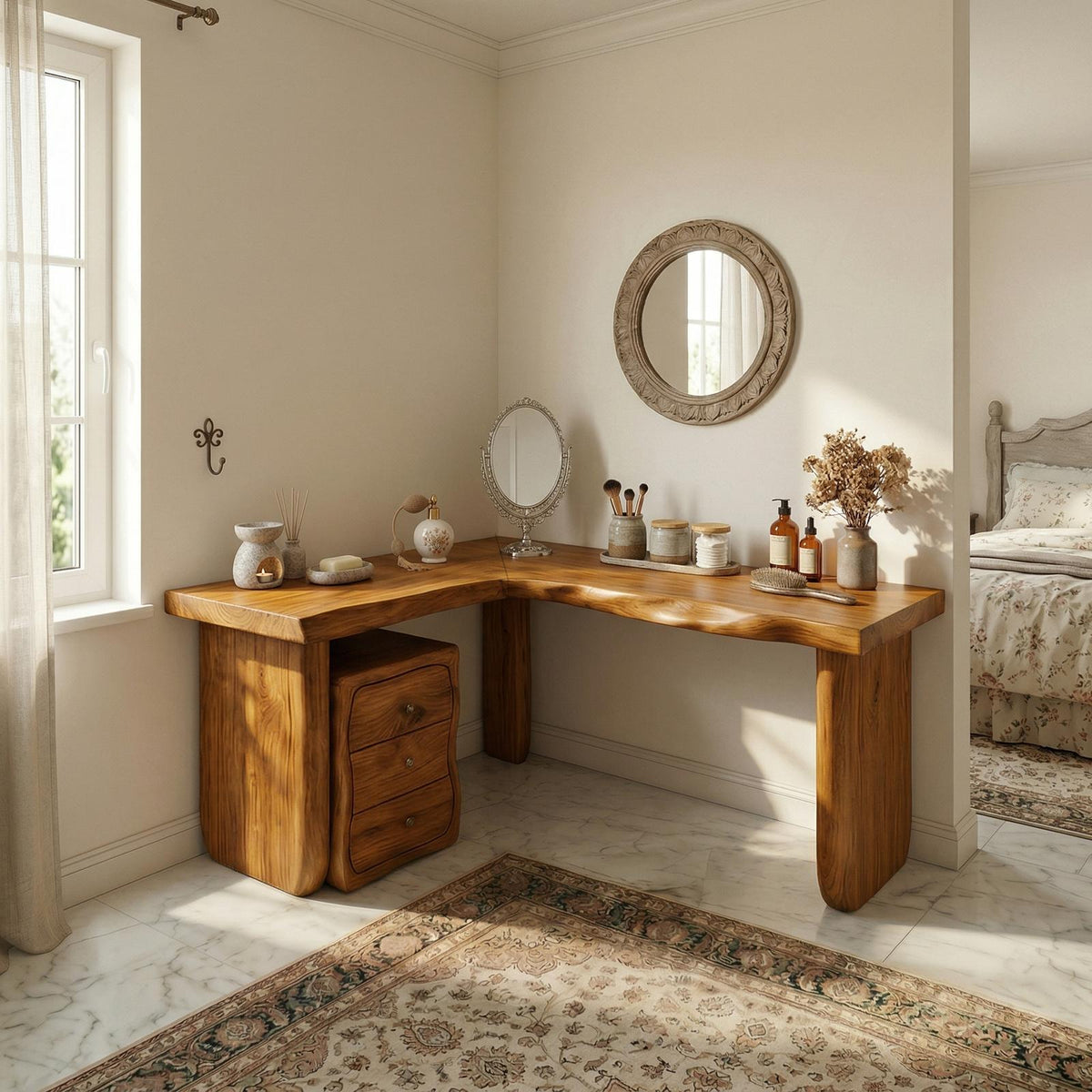 Minimal Organic Vanity Table Makeup Desk Corner L Shape Bedroom And Vanity Area SINLSABDT063