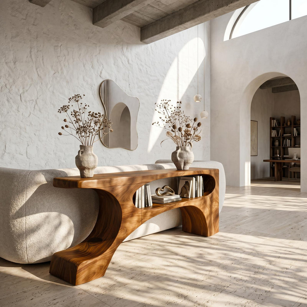 Contemporary Console Table, Organic Pedestal Base Solid Wood Entryway Table, Unique Sofa Table for Foyer