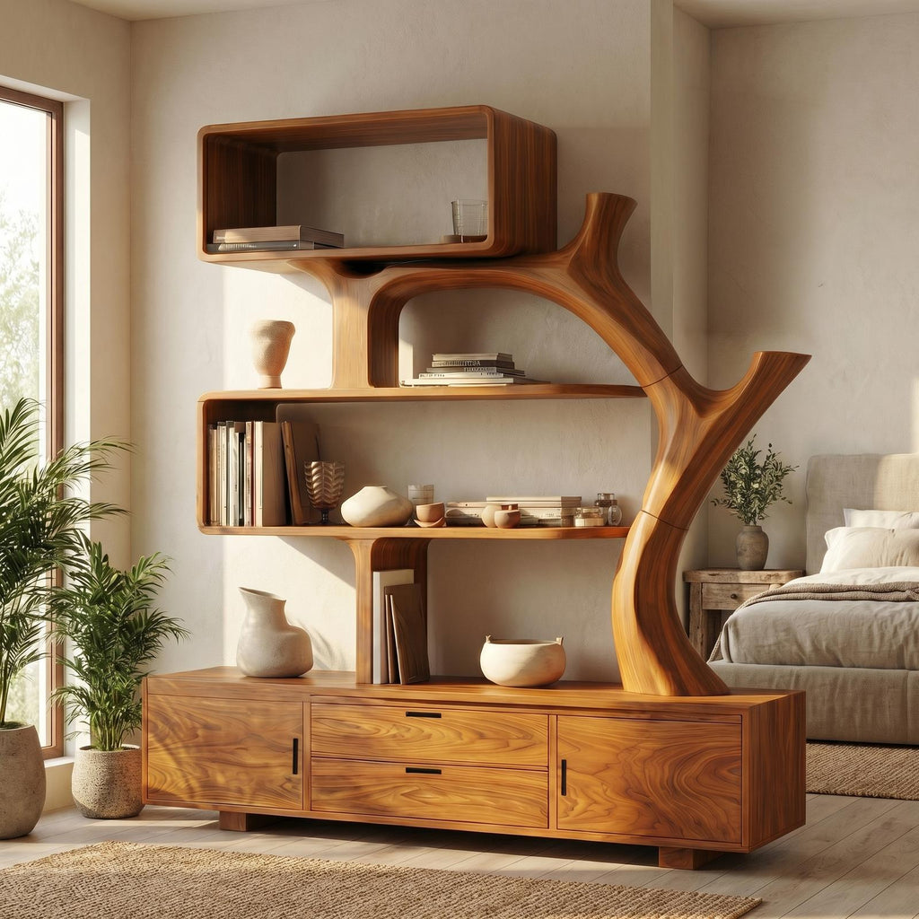Sculptural Solid Wood Display Shelf with Storage, Modern Bookcase & Bookshelf Unit for Living Room Decor