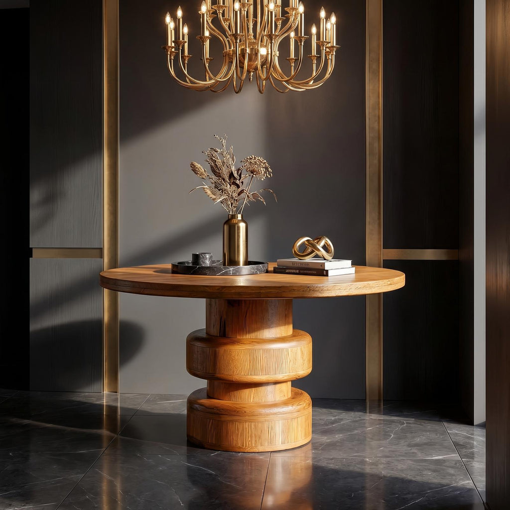 Sculptural Round Entryway Table, Solid Wood Modern Geometric Pedestal Foyer Table, Living Room Accent Stand