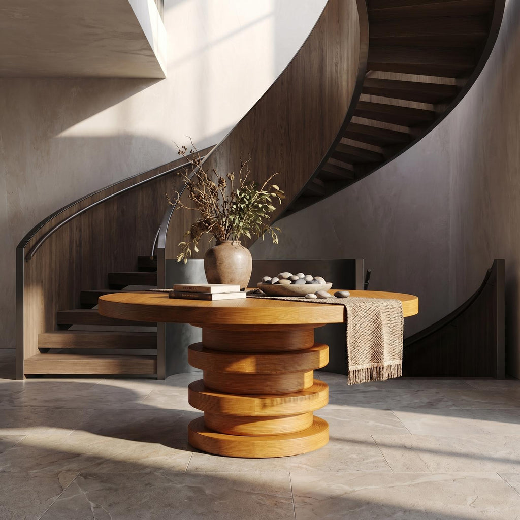 Modern Luxury Round Entryway Table, Solid Wood Architectural Pedestal Foyer Accent Table for Lobby, Hallway