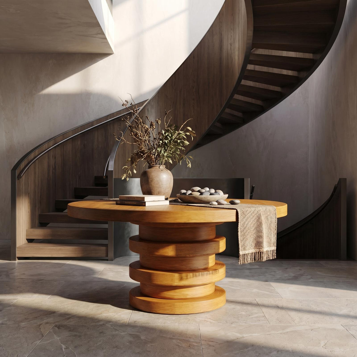 Modern Luxury Round Entryway Table, Solid Wood Architectural Pedestal Foyer Accent Table for Lobby, Hallway