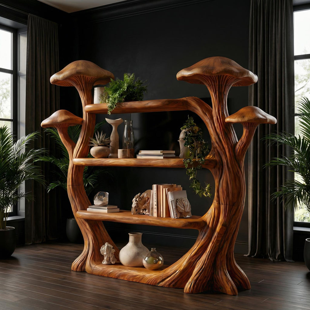 Natural Wood Mushroom Bookcase For Living Room And Reading Room