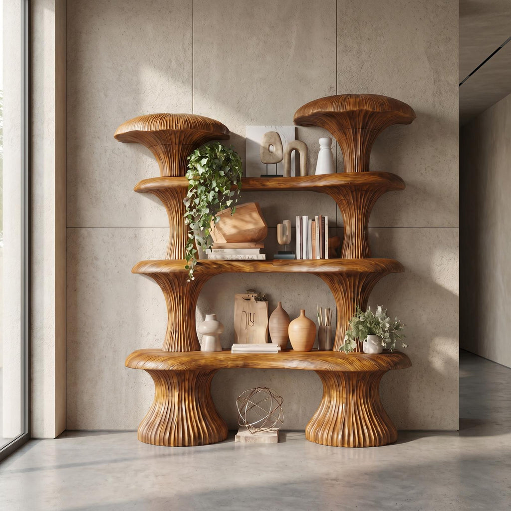 Sculptural Mushroom Wooden Bookcase, Unique Modern Abstract Shelving Unit for Living Room, Bedroom & Reading Nook