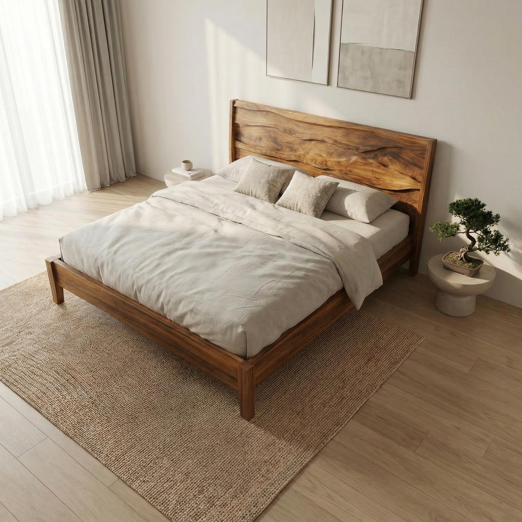 Rustic Natural Wood Bed Frame, Solid Wood Live Edge Platform Bed, Handcrafted Mid-Century Bedroom Furniture