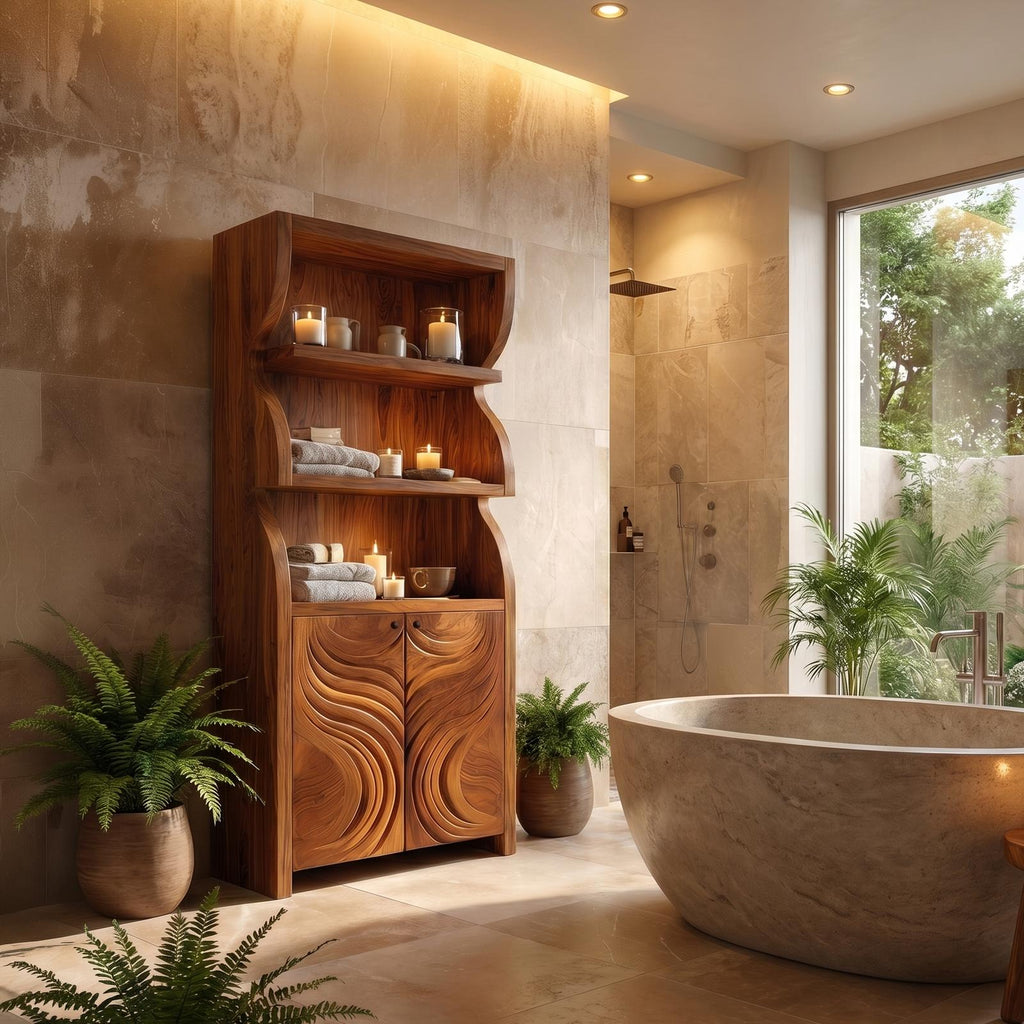 Rustic Organic Bathroom Cabinet, Hand Carved Wooden Doors & Open Shelves Storage Floor Cabinet