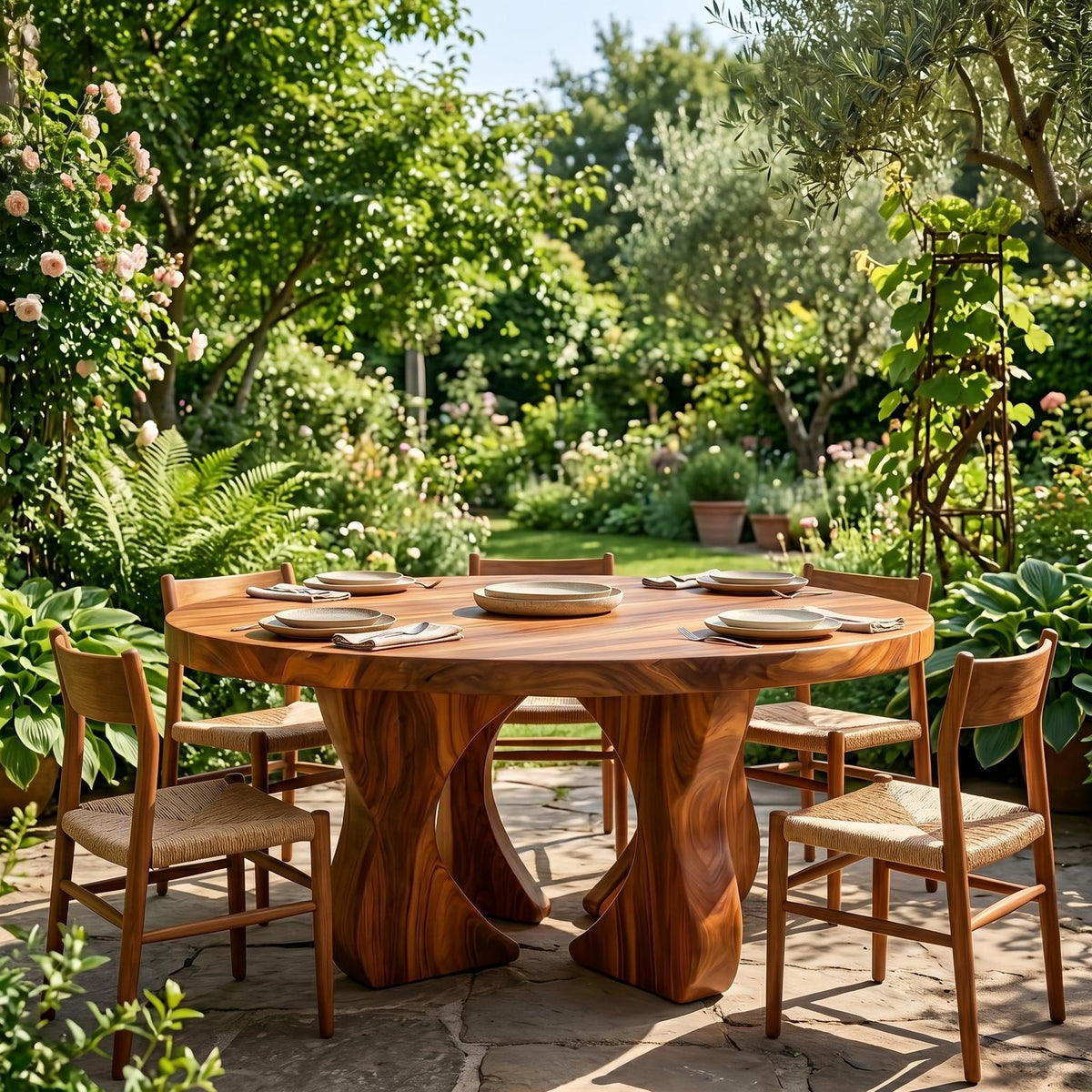 Modern Organic Round Dining Table, Handcrafted Solid Wood Pedestal Kitchen Table for Dining Room