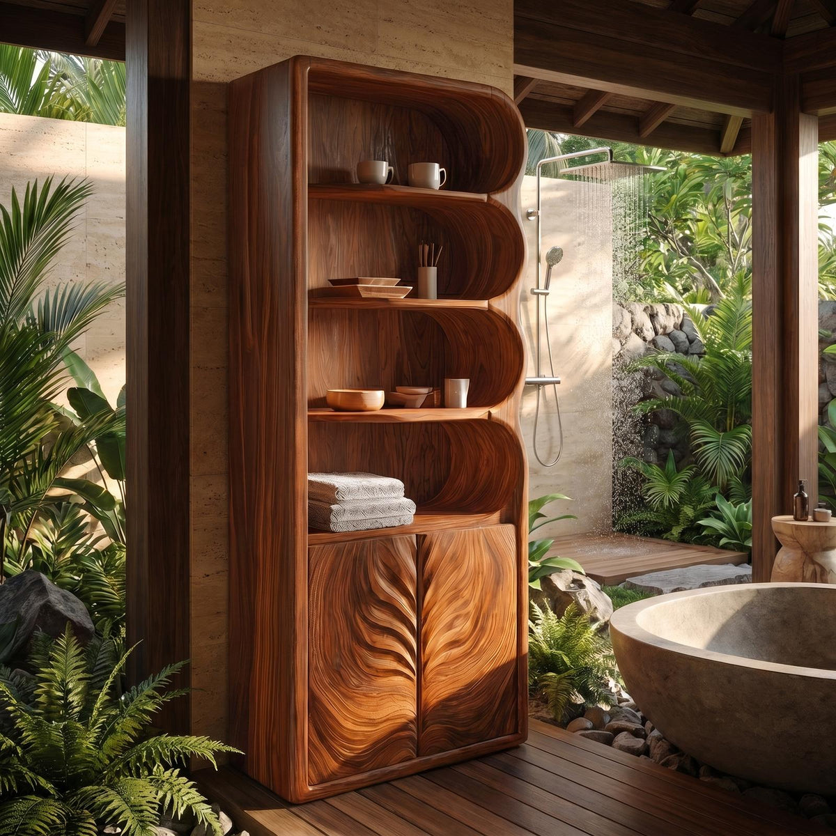 Modern Organic Bathroom Cabinet, Curved Shelves & Carved Wooden Doors Standing Storage Unit