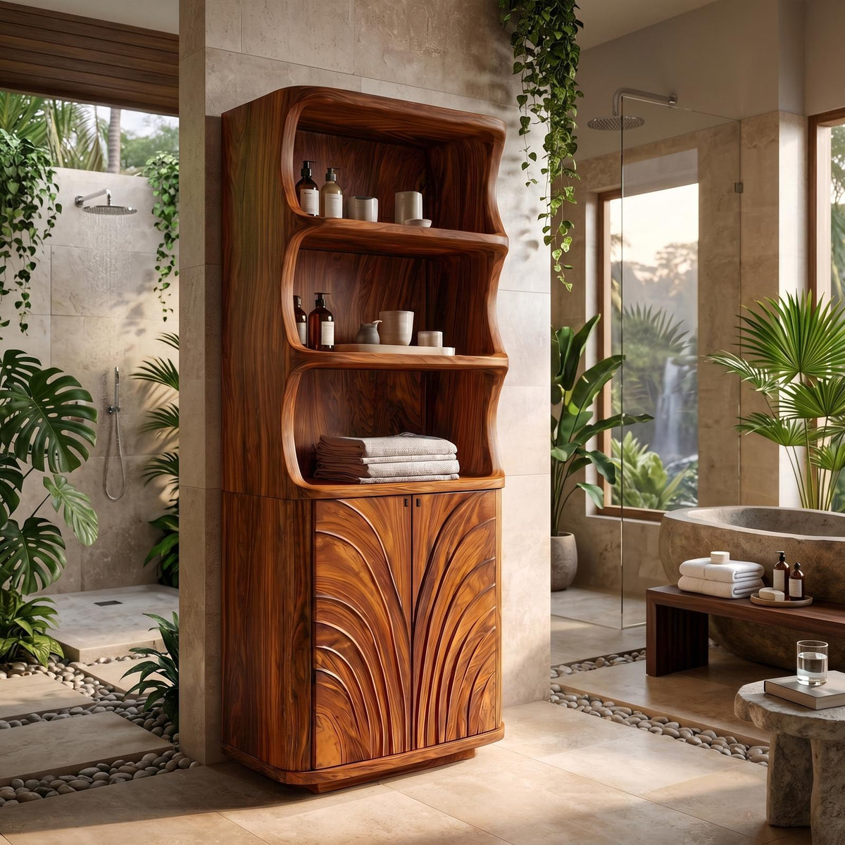 Organic Wood Bathroom Cabinet, Curved Open Shelves & Hand Carved Doors Storage Floor Cabinet