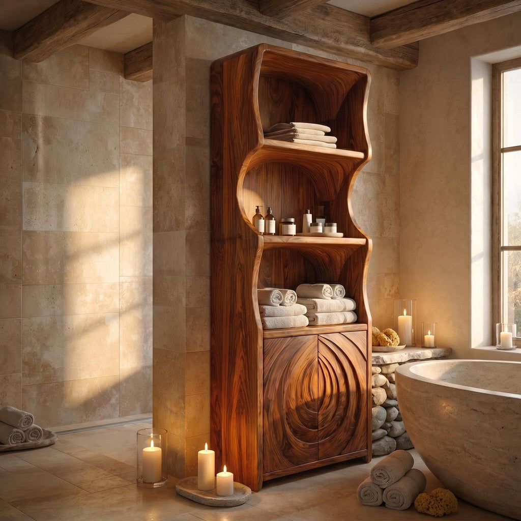 Contemporary Minimalist Bathroom Cabinet, Curved Shelves & Wooden Door Standing Storage Unit