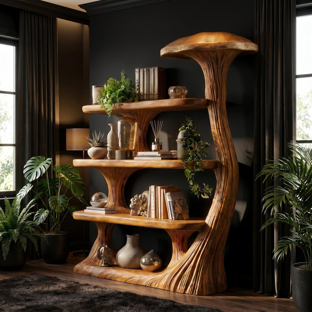 Mushroom Bookshelf Wooden Bookcase Display Shelf For Living Room Bedroom Decor