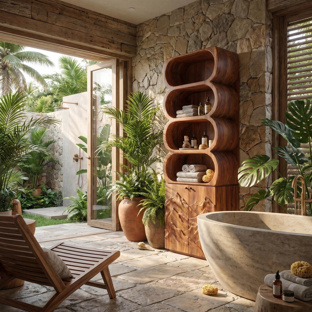 Minimalist Wood Bathroom Cabinet, Rounded Shelves & Sculptural Carved Door Storage Cabinet