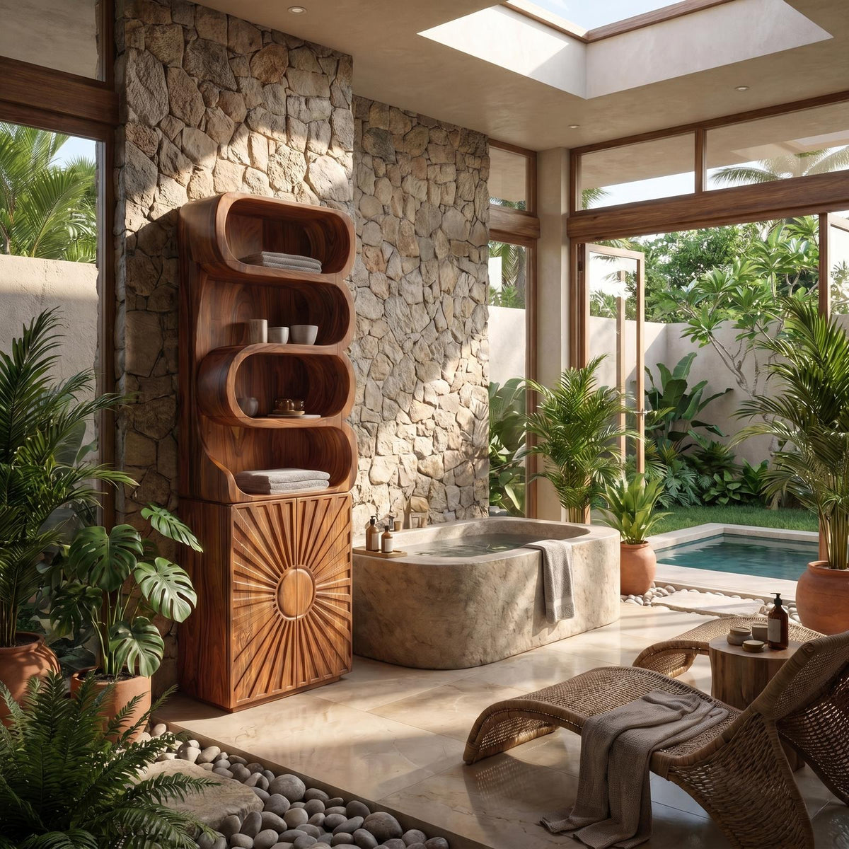Organic Wood Bathroom Cabinet, Open Shelving & Sculptured Hand Carved Door Storage Cabinet