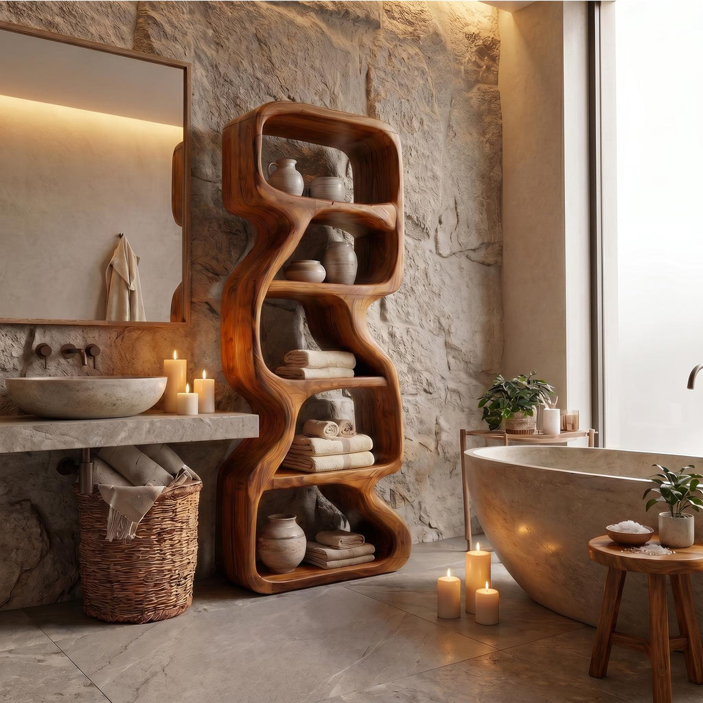 Wooden Bathroom Storage Cabinet, Handcrafted Standing Floor Organizer with Open Shelves