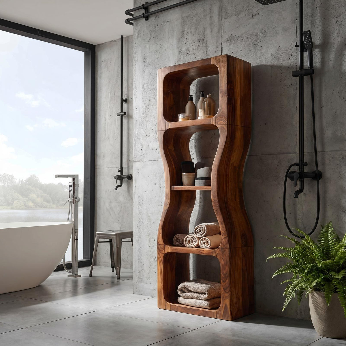 Rustic Modern Bathroom Cabinet, Sculptural Wave Design Wood Storage Cabinet with Open Shelves