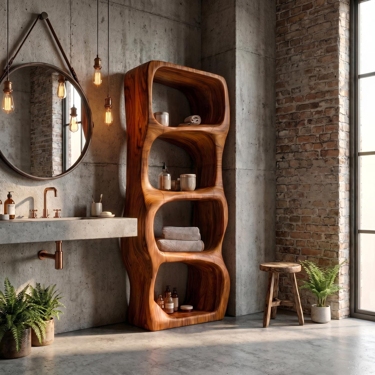 Modern Organic Bathroom Cabinet, Rounded Sculptural Shelves & Open Storage Standing Wood Cabinet
