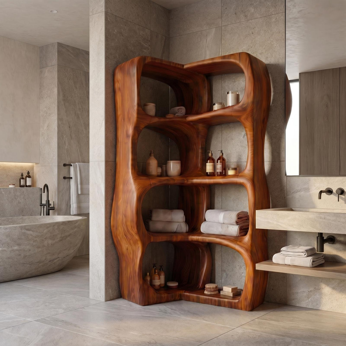 Sculptural Wood Bathroom Cabinet, Freeform Curved Shelves Standing Storage Organizer Cabinet