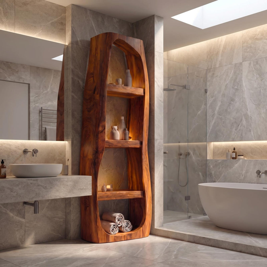 Minimalist Wood Bathroom Cabinet, Curved Arched Floor Storage Cabinet with Shelves & Door