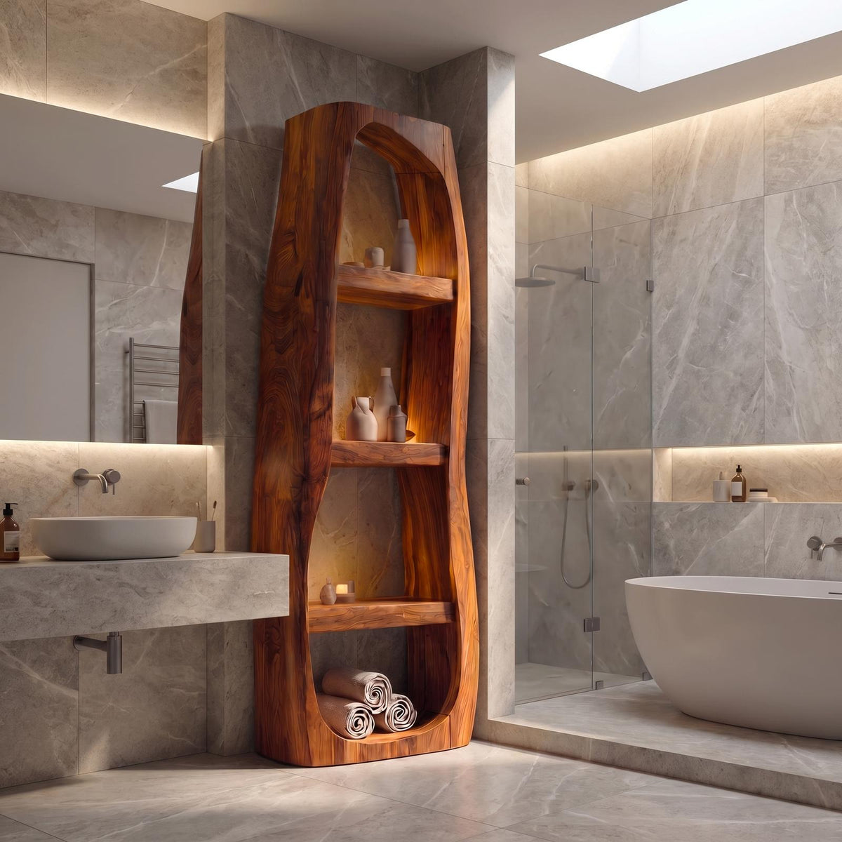 Minimalist Wood Bathroom Cabinet, Curved Arched Floor Storage Cabinet with Shelves & Door
