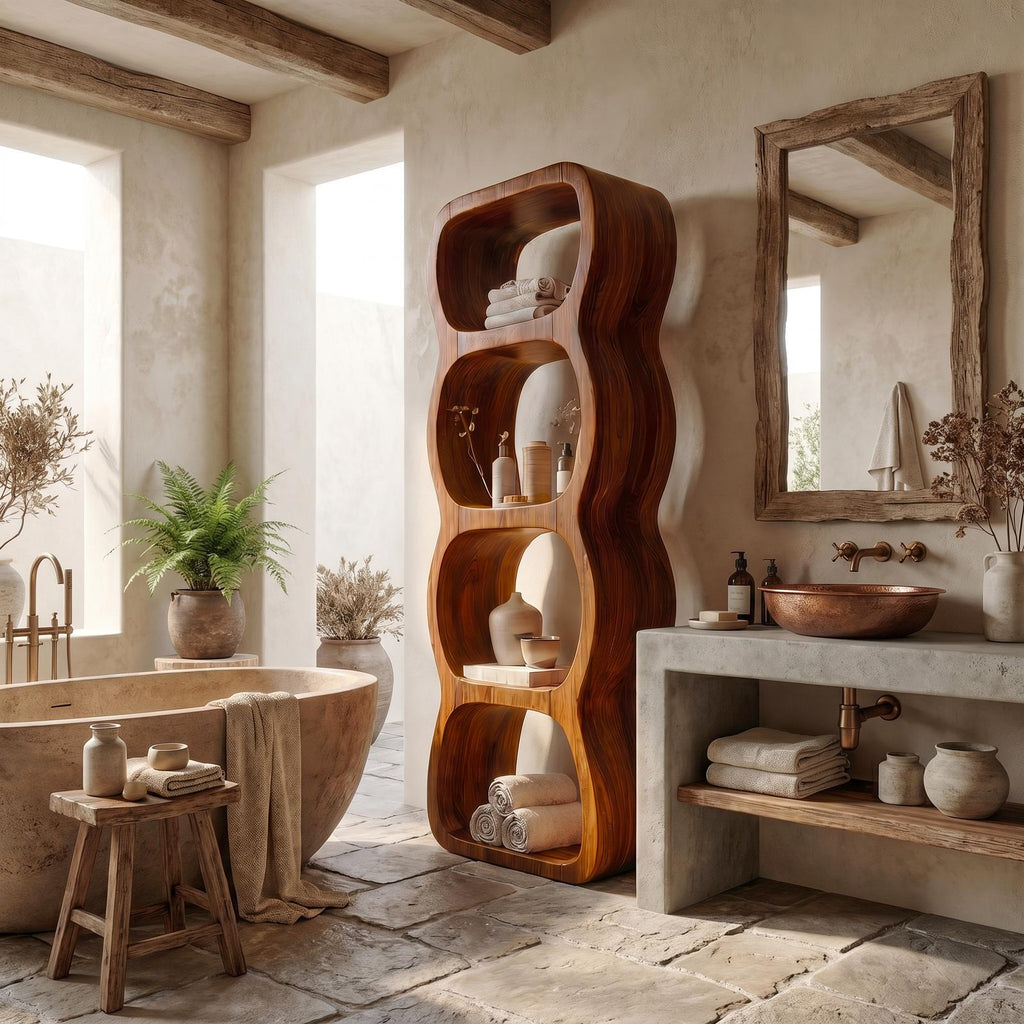 Rustic Bathroom Cabinet With Curved Wave Shape Design
