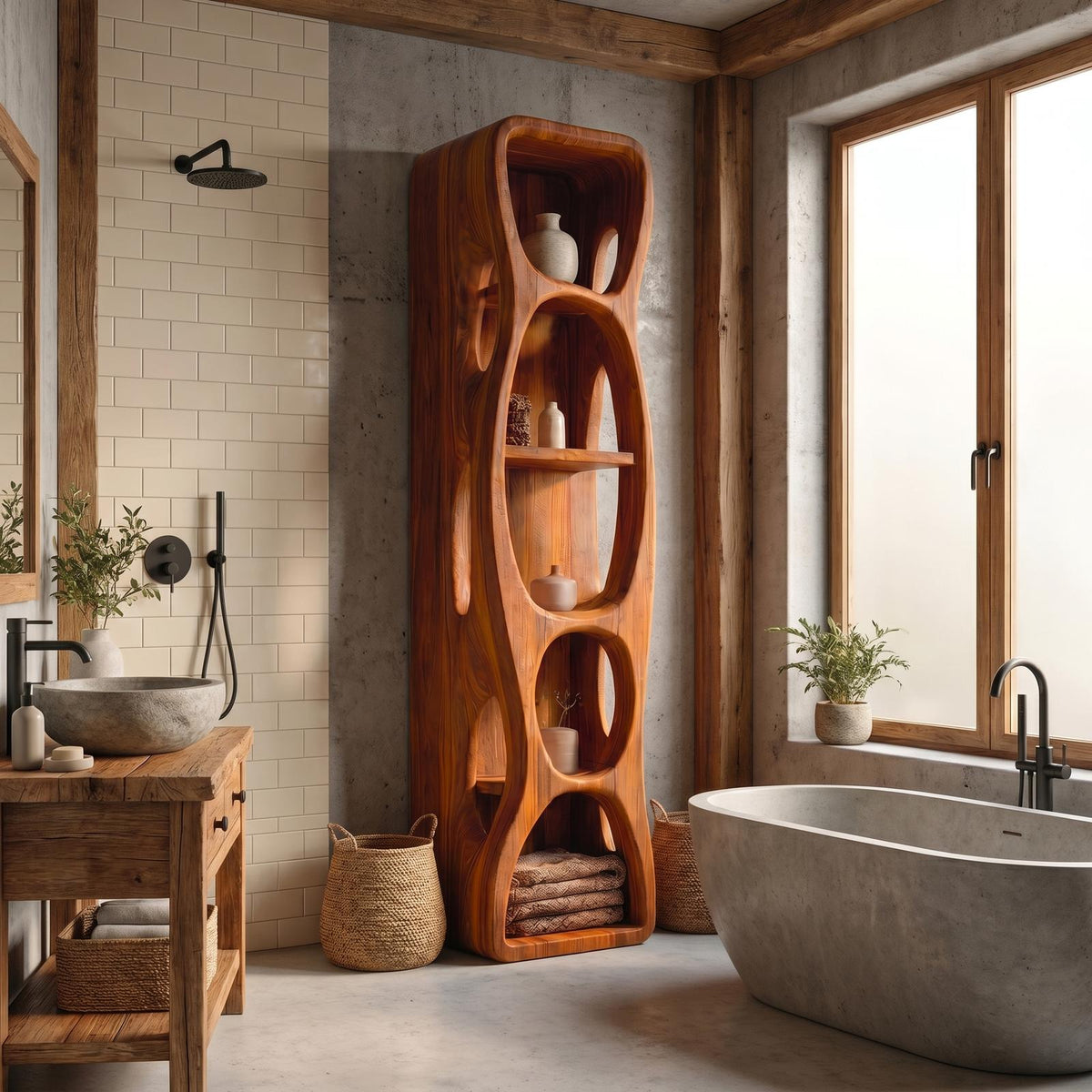 Sculptural Wood Bathroom Cabinet, Hollow Cut Out Design Vanity Storage Unit with Open Shelving