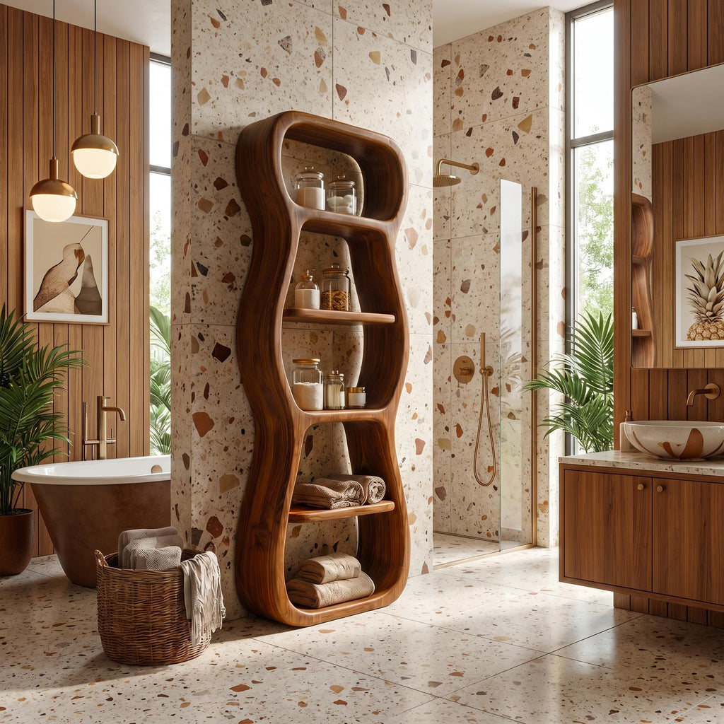 Contemporary Bathroom Storage Cabinet, Sculptural Wood Shape Floor Standing Cabinet with Shelves