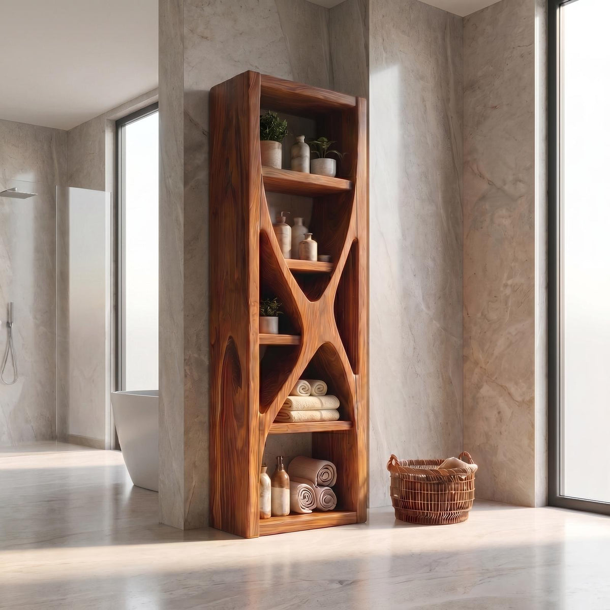 Rustic Bathroom Storage Cabinet, Natural Wood Branch Structure Floor Cabinet with Shelves