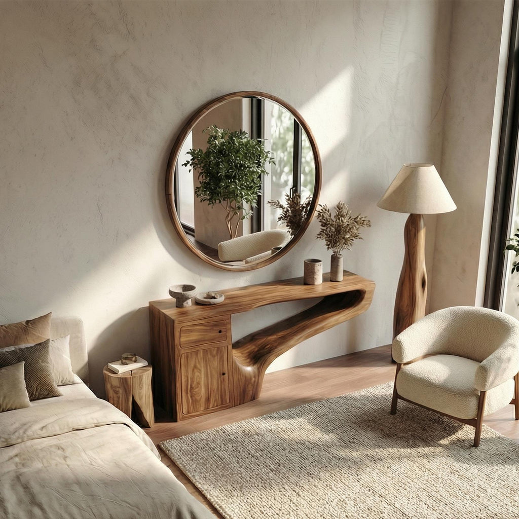 Spry Interior Modern Asymmetrical Dressing Table, Solid Wood Makeup Vanity Desk with Integrated Storage for Bedroom, SINLSABDT060