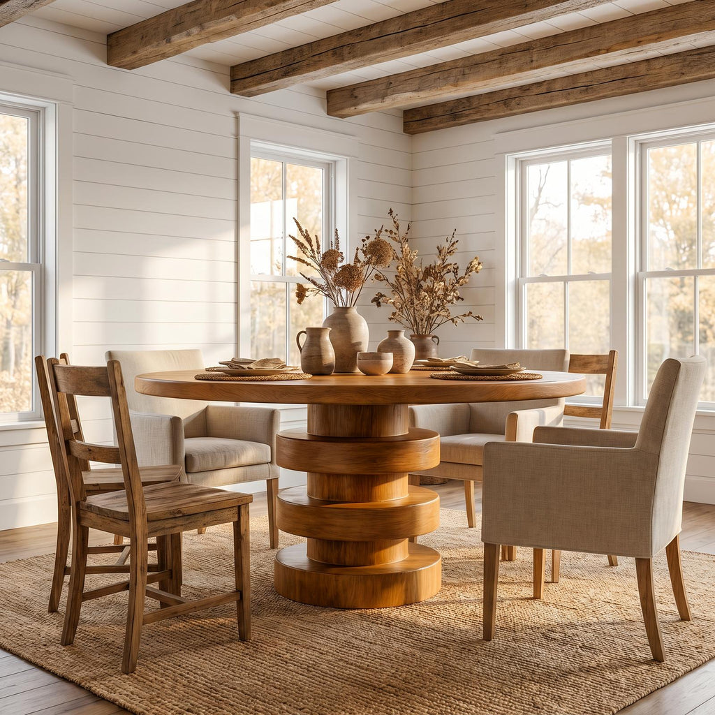 Minimalist Round Dining Table, Sculptural Solid Wood Base Kitchen Table for Modern Dining Room