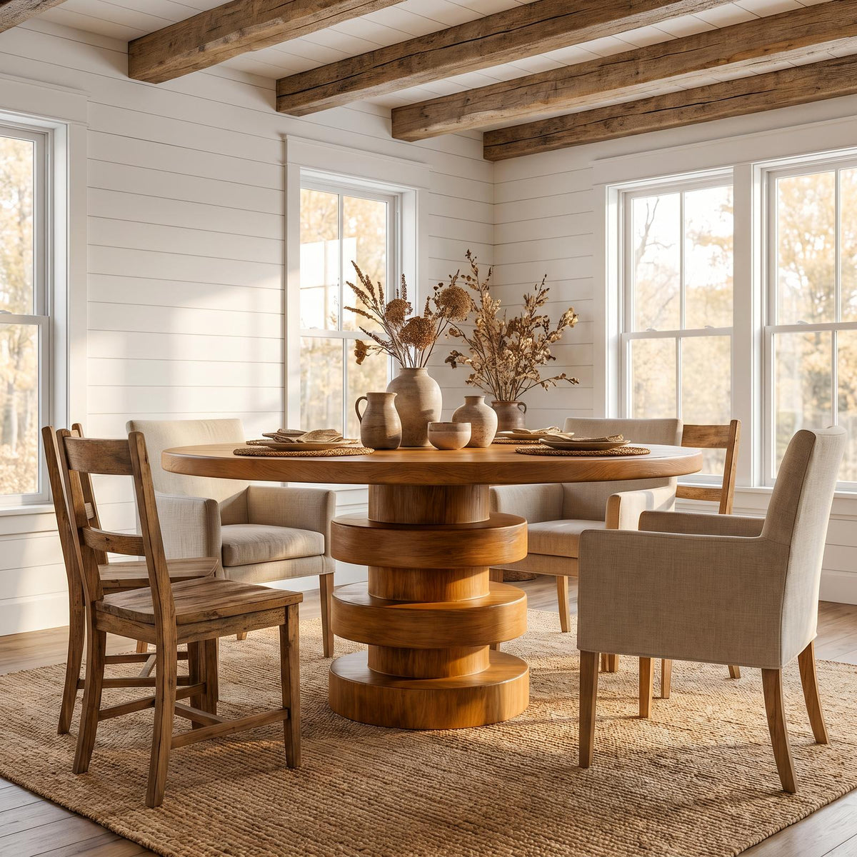 Minimalist Round Dining Table, Sculptural Solid Wood Base Kitchen Table for Modern Dining Room