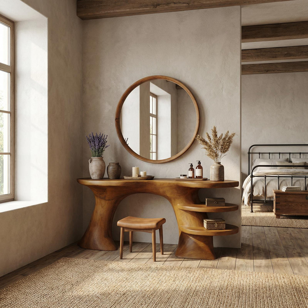 Spry Interior Sculptural Organic Dressing Table with Shelves, Solid Wood Makeup Vanity Desk, Bedroom Storage Unit, SINLSABDT068