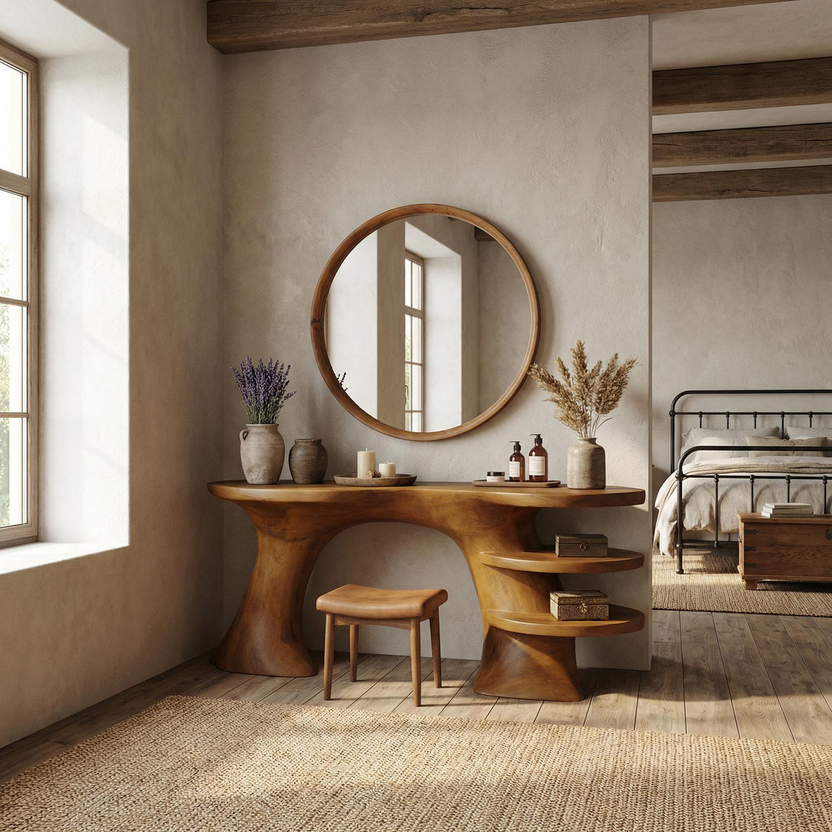 Spry Interior Sculptural Organic Dressing Table with Shelves, Solid Wood Makeup Vanity Desk, Bedroom Storage Unit, SINLSABDT068