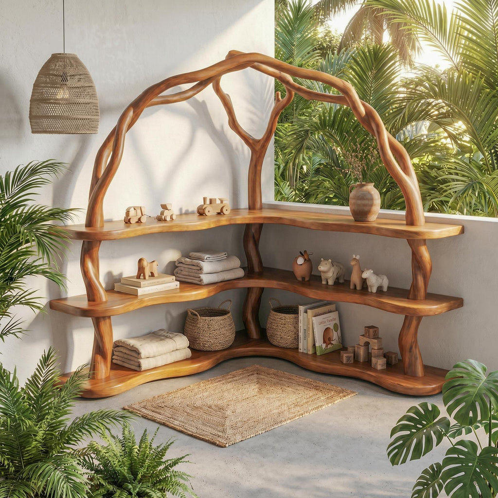 Organic Corner Bookcase with Natural Tree Branch Frame, Solid Wood Bookshelf for Living Room & Bedroom