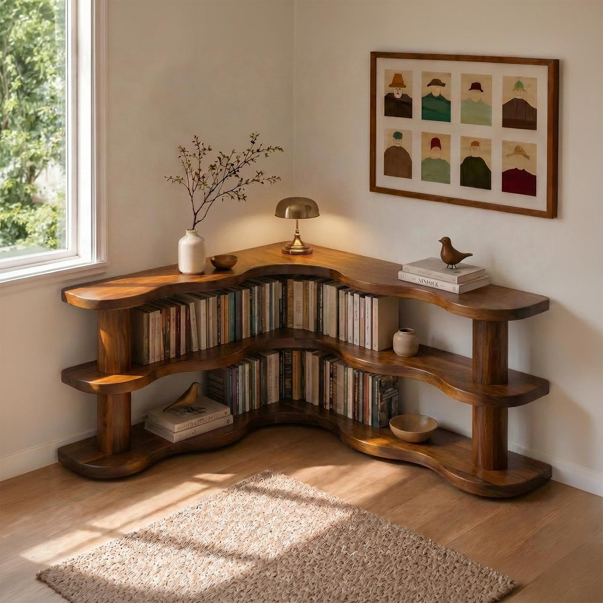 Rustic Modern Corner Bookshelf, Multi-Tier Solid Wood Bookcase Display for Living Room & Bedroom