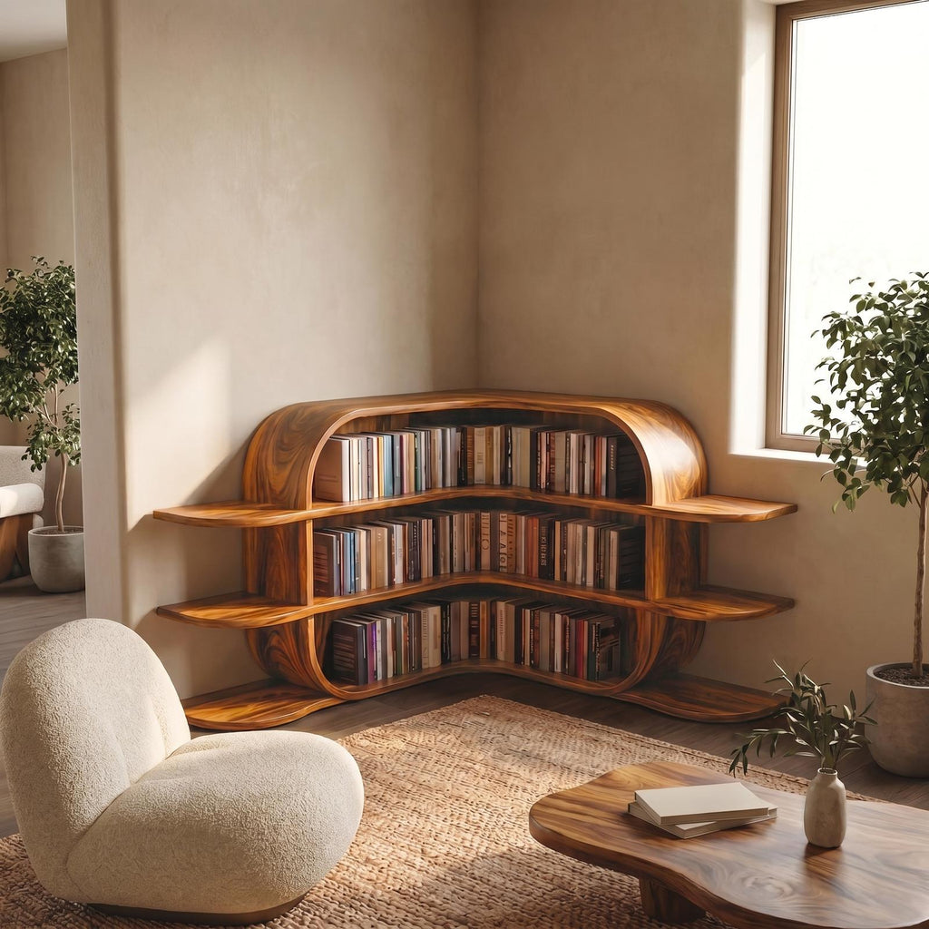 Scandinavian Arched Corner Bookshelf, Multi-Tier Wooden Bookcase Display for Living Room & Bedroom