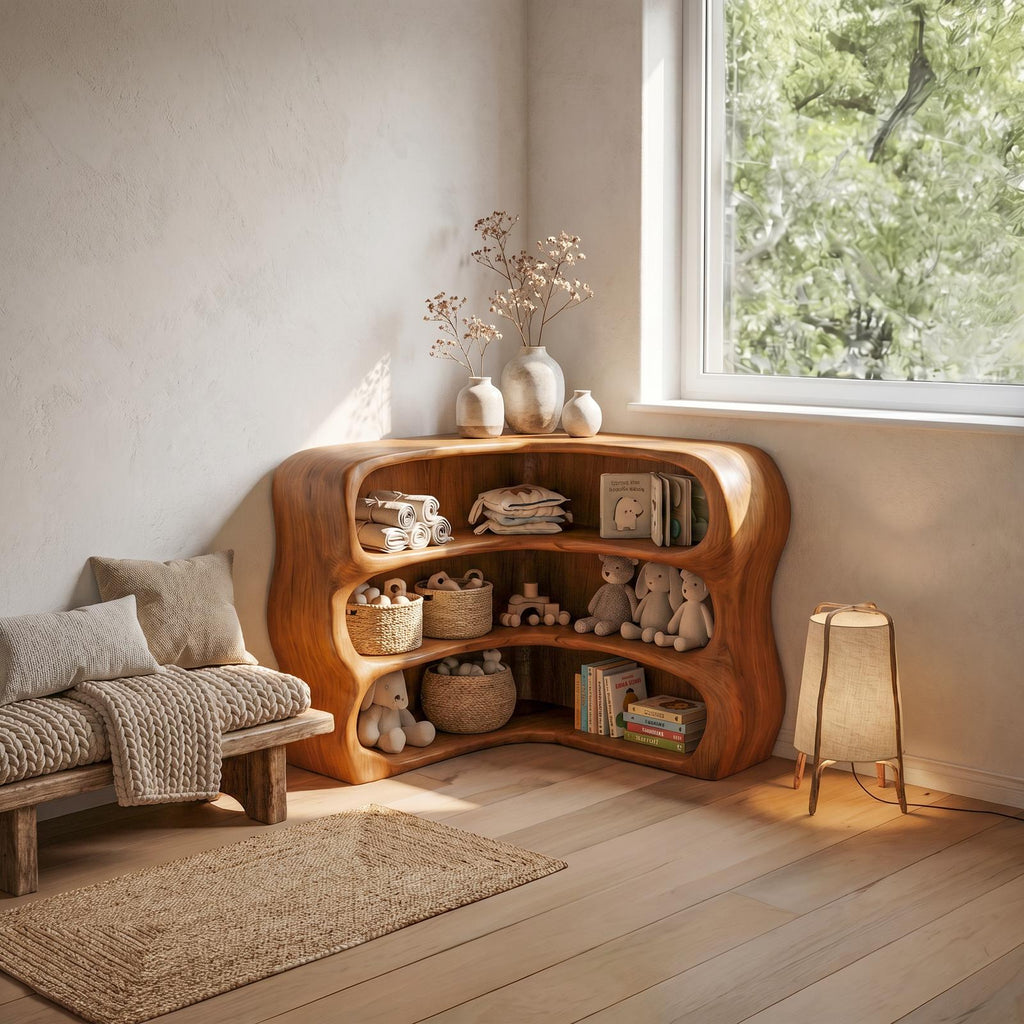 Modern Curved Bookshelf, Sculptural Wooden Open Shelf Bookcase Display for Living Room & Bedroom
