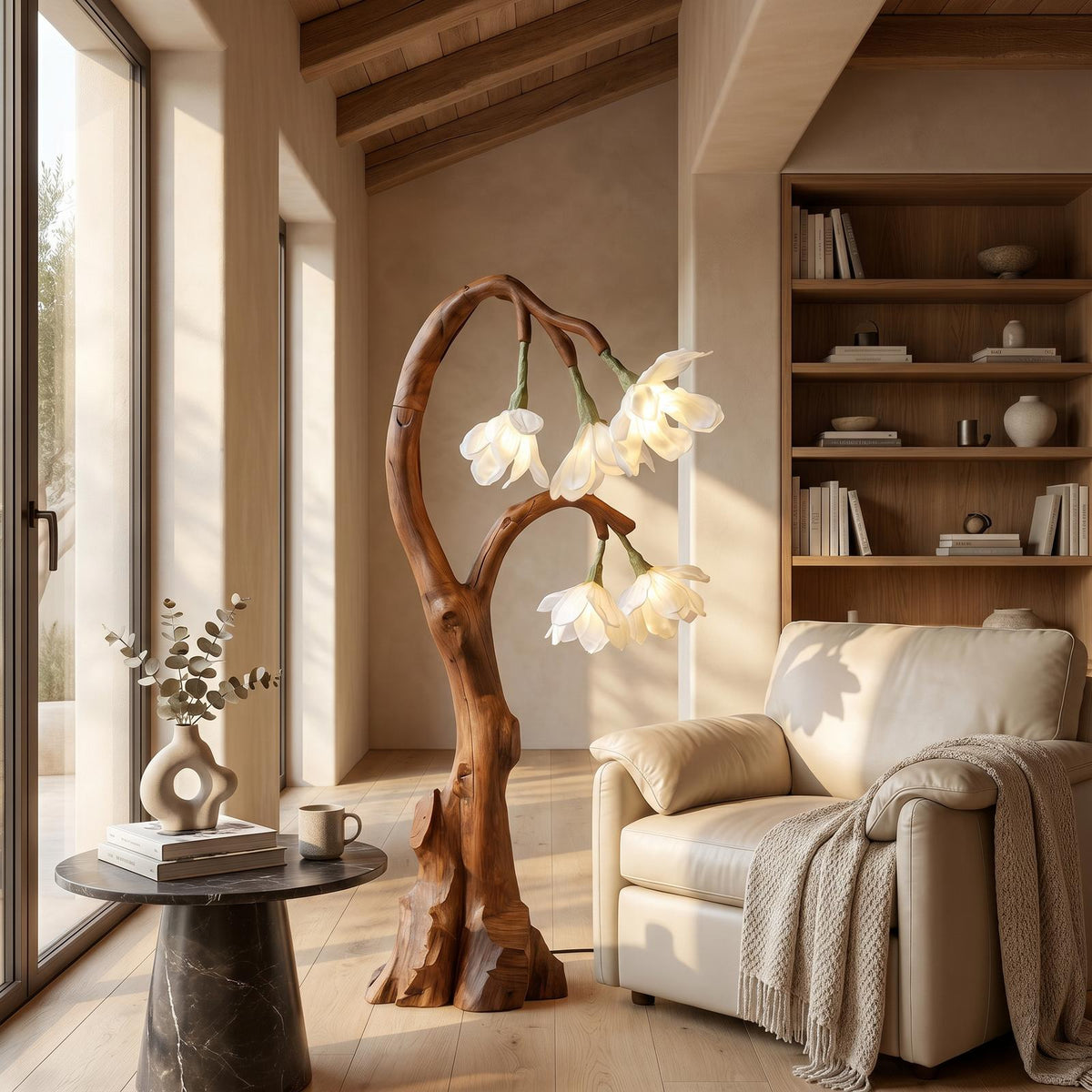 Artistic Floral Floor Lamp with Natural Wood Base, Aesthetic Standing Flower Light for Living Room, Model