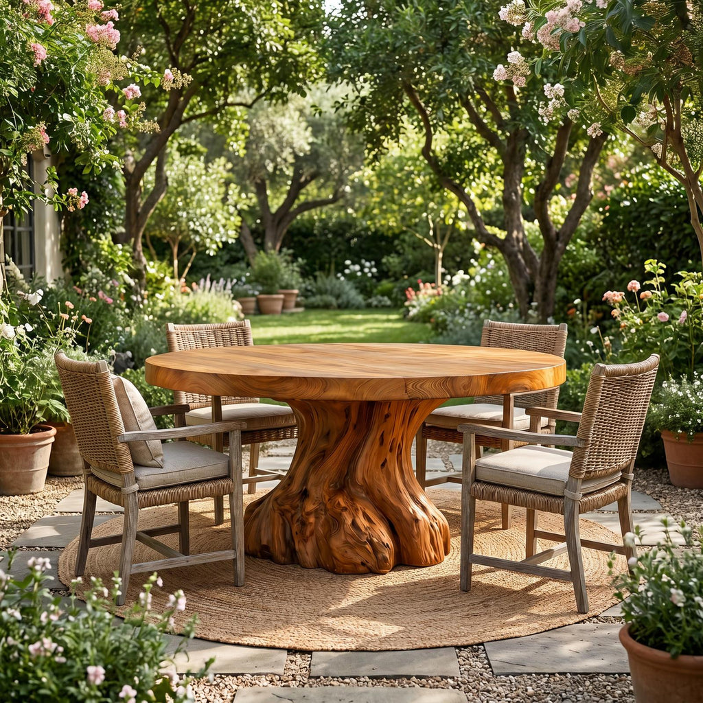 Rustic Tree Root Round Dining Table, Solid Wood Natural Slab Kitchen Table for Home Dining Room